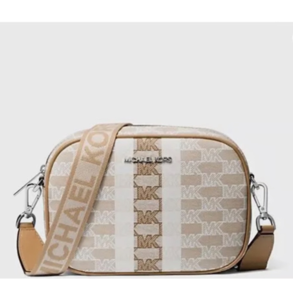 New Michael Kors Jet Set Medium Oval Camera Crossbody Logo Stripe Camel